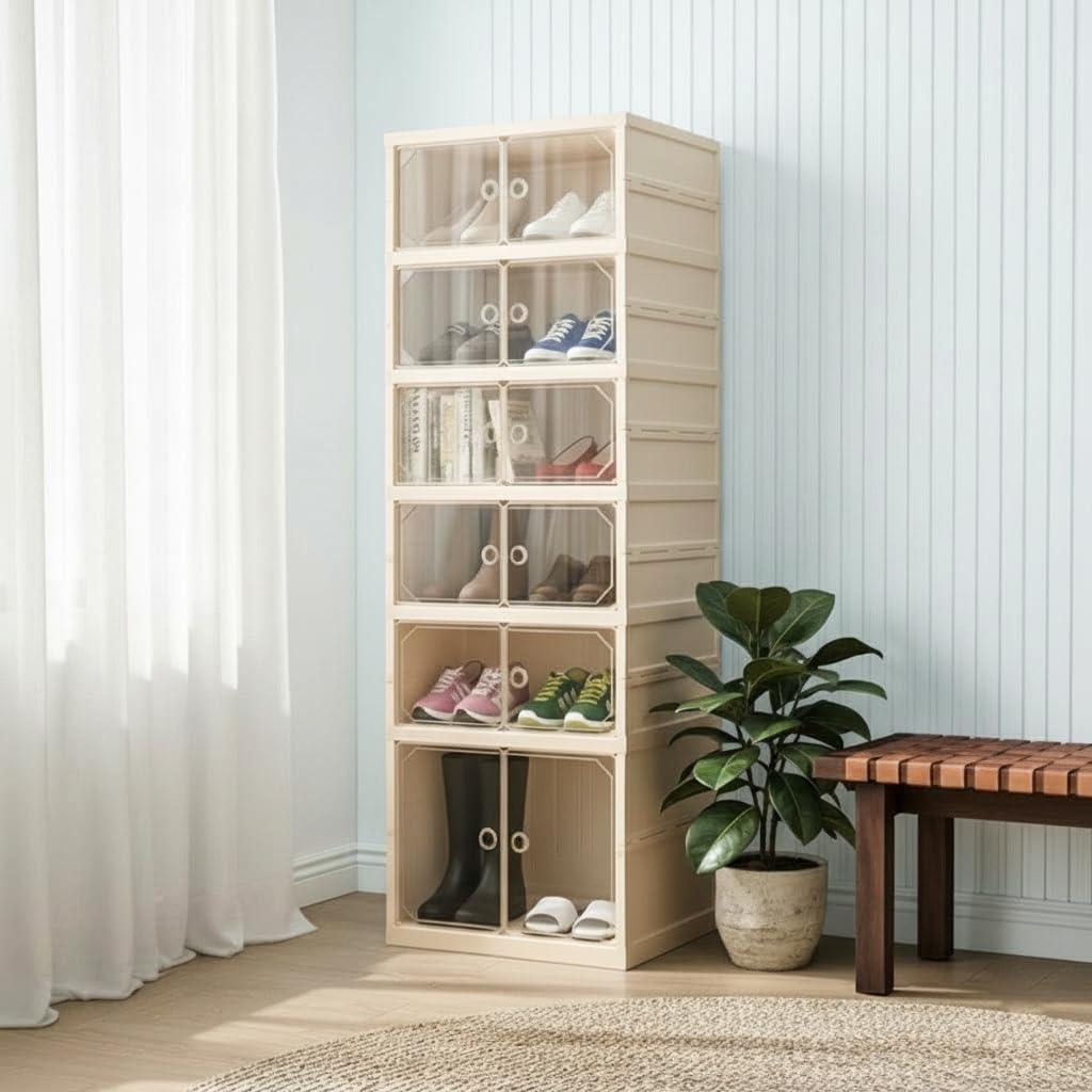 AnacondaGrip Foldable 6-Tier Shoe Rack Organizer, Large Clear Shoe Storage Cabinet with Magnetic Doors, Heavy Duty Slim Vertical Shoes Rack for Bedroom, Entryway or Garage - Beige (Holds 12 Pairs)