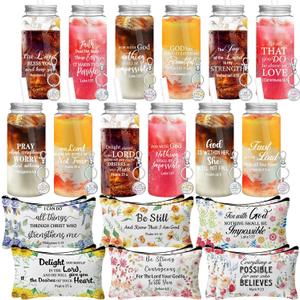 Skylety 36 Pcs Christian Gifts Sets Including 13.5 oz Inspirational Quotes Reusable Tumbler with Lid Straw Religious Makeup Bags Bible Verses Keychains, Inspirational Gift for Women Friend