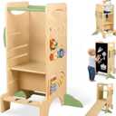 aiwo Toddler Tower Kitchen Step Stool, 3 Adjustable Height Standing Tower for Kitchen Counter, Chalkboard & Montessori Learning Activities