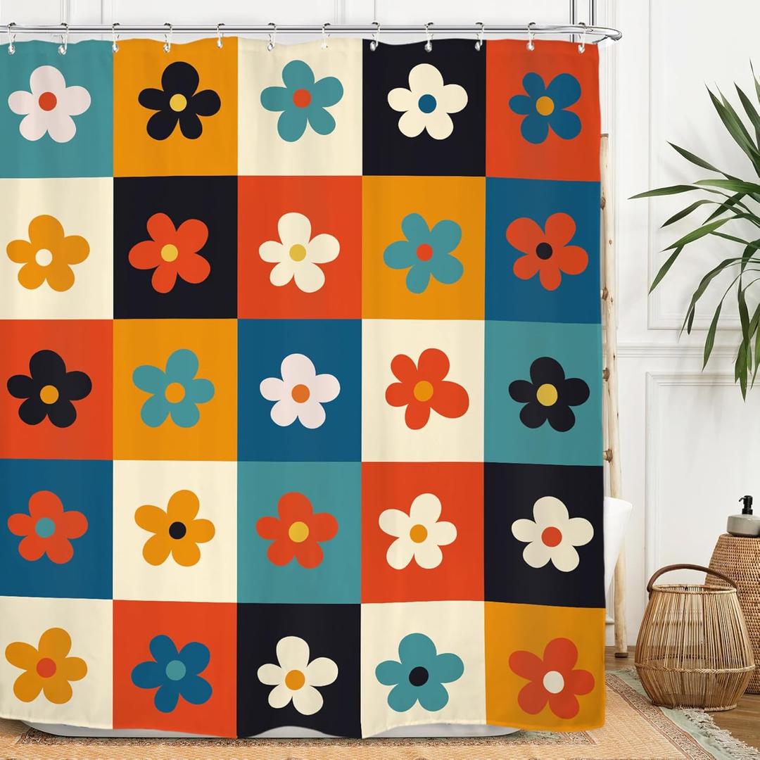 Miyotaa 70s Retro Flower Shower Curtain Set 60Wx71H Inches Groovy Funky Trendy Colorful Cute Plaid Vintage Waterproof Bathroom Curtain with 12 Hooks
