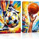 Framed Graffiti Soccer Wall Art,Sport Graffiti Fine Art Basketball Posters Wall Decor,Sports Theme Colorful Basketball Football Canvas Paintings for Boys Room Teen Kids Playroom Home Decor(12"x16")