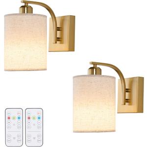 Powfloven Gold Rechargeable Battery Operated Wall Sconces Set of 2 with Remote, Wireless Dimmable Battery Powered LED Wall Lights, Cordless Wall Lighting Lamp Fixture for Bedroom Living Room