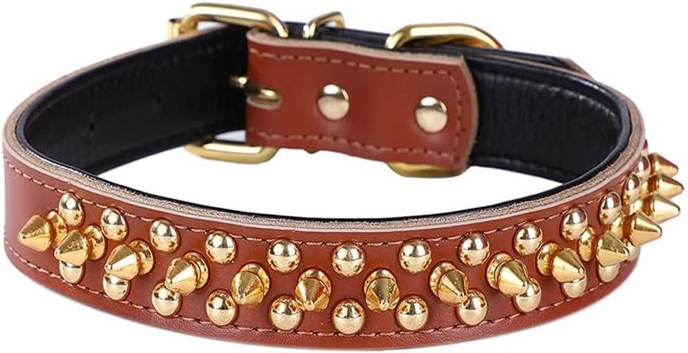 Serijoars Adjustable Genuine Leather Spiked Studded Dog Collars for Small Medium Large Pets/Pit Bull/Bulldog/Pugs/Husky (M, Brown)