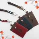 Badge Holder: Boshiho Cowhide Leather ID Badge Card Holder with 19" Neck Lanyard, Vertical Style (Brown-Blue)