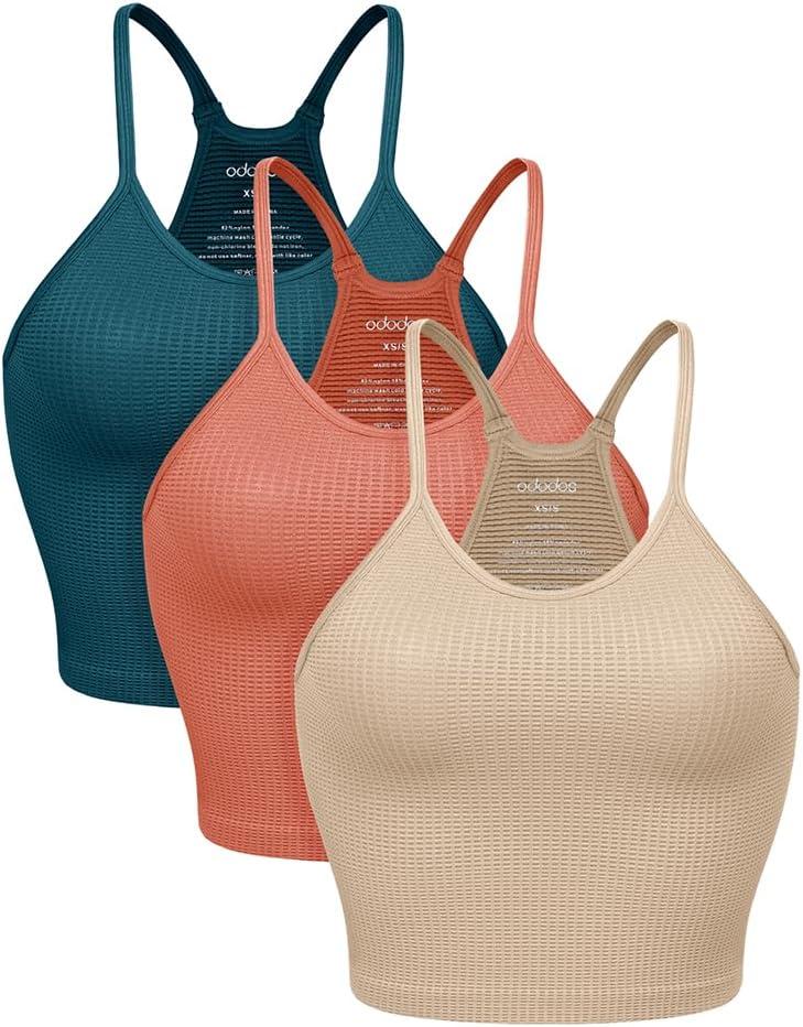 ODODOS Women's Crop 3-Pack Waffle Knit Seamless Camisole Crop Tank Tops, Beige+ Coral +Teal, Medium/Large