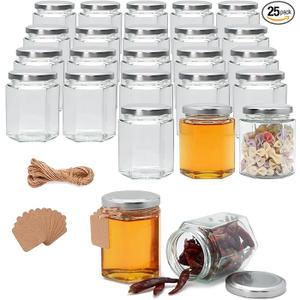 Encheng 6oz Clear Hexagon Jars,22 Pcs Honey Jars with Silver Lids,Glass Canning Jars with Tags and Jute Twine for Food Storage,Party Favor,Herbs,Jelly,Jams,Spices,Wedding Favor