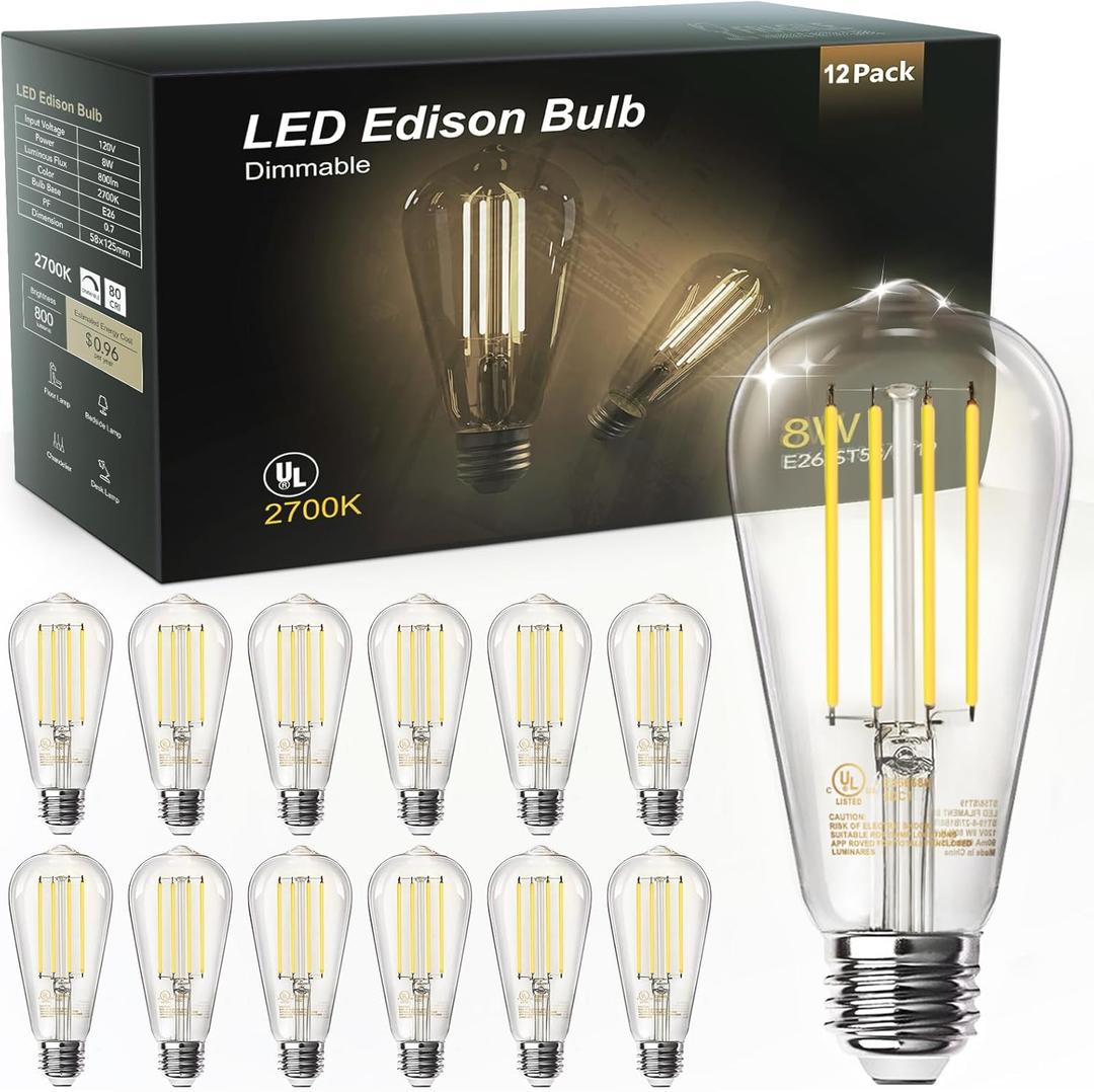 TJOY 12 Pack Vintage 8W ST58 LED Edison Light Bulbs, Dimmable, 60W Equivalent, 800Lumens, 2700K Warm White, E26 Base LED Filament Bulb, CRI80+, Antique Glass Style for Home, Bedroom, Office, Farmhouse (12 Pack, 2700k Warm White)