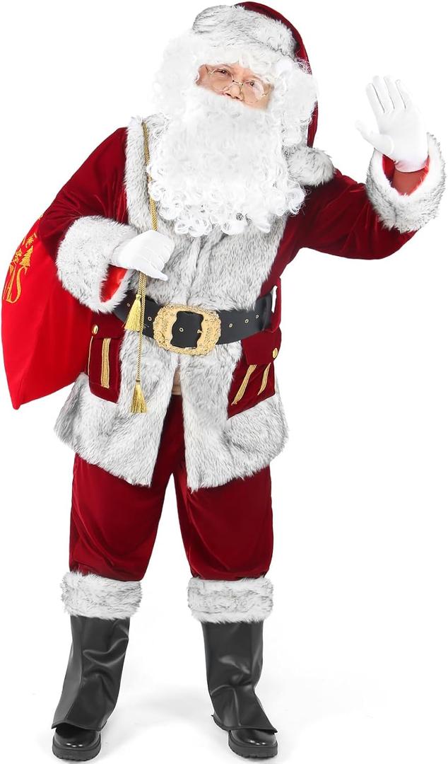 Santa Claus Costume for Men, Deluxe 11pcs Professional Christmas Velvet Santa Suit Cosplay Outfit Plus Size for Adult (XX-Large)