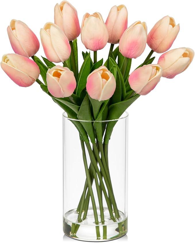 DILATATA 12 Pcs Artificial Real Touch Orange Tulips in Glass Vase with Faux Water, Small Tulip Arrangement for Wedding, Table Centerpieces, Home Decor DILATATA 12 Pcs Artificial Real Touch Orange Tulips in Glass Vase with Faux Water, Small Tulip Arrangement for Wedding, Table Centerpieces, Home Decor