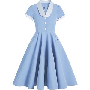 Vintage Dresses for Women's Flat Collar Short Sleeve Fit and Flare 50s 60s Rockabily A-line Swing Midi Tea Party Dress, M