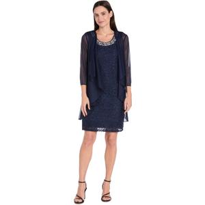 R&M Richards Women's Glitter Lace Sheath Dress W/Embellished Jewel Neck & Chiffon Draped Jacket Set for Special Occasions (Blue, 14)