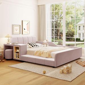 Merax Full Size Velvet Bed Frames Upholstered Grounded Bed, Wooden Mother & Child Bed with Bedside Desk and Little Round Stool, Kids Adults Bedroom Floor Platform Bed, Pink 80"L x 68"W x 29"H