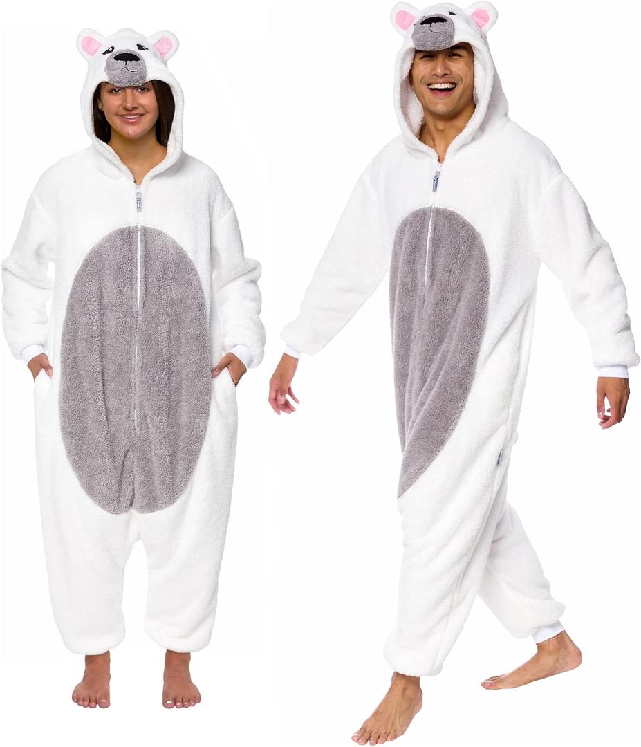 Funziez! Sherpa Bear Adult Onesie - Animal Halloween Costume - Plush Teddy One Piece Cosplay Suit for Adults, Women and Men (Medium, White)