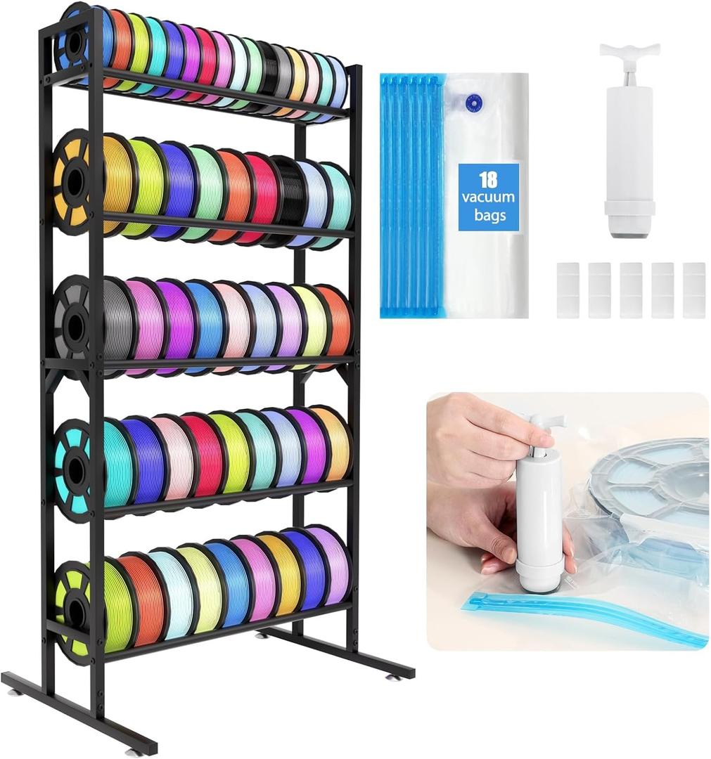 LUCKUP 3D Printer Filament Storage Rack Stand w/Vacuum Bags &Pump, 5-Tier Large Capacity Filament Organizer for PLA/ABS/TPU/Nylon, Heavy Duty Metal Filaments Spool Shelf for Studio, Office, Workshop, Black With Multicolor Accent 