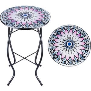 VCUTEKA Outdoor Side Table Mosaic End Table Patio Side Table Small End Table Glass Top Round Balcony Coffee Table Porch Indoor Glass Top Flower 14''