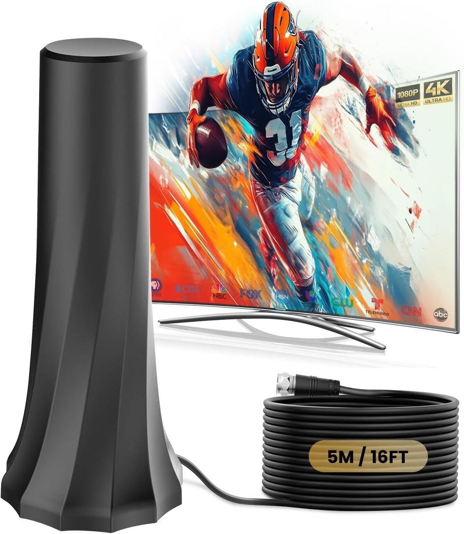 2025 TV Antenna Indoor Long Range 1000 Miles, Supports 4K 1080p Digital Antenna for Smart TV Indoor with Signal Amplifier 16ft HDTV Coax Cable