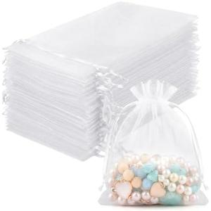 FUNFERY 100 Pcs White Organza Bags 3x4 in, Small Mesh Drawstring Gift Bags for Sachet, Jewelry, Wedding Favor, Candy Goodie Treat Bag,Easter Day