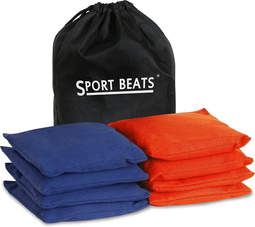 SPORT BEATS Cornhole Bags Set of 8 - Regulation Size & Weight Bean Bags, Heavy Duty Double-Stitched Canvas for Tailgating, Outdoor Backyard Game Accessories with Carry Tote