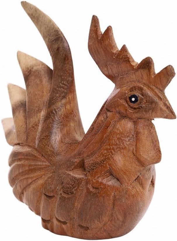 Thai Wooden Hand Carved Wooden Rooster Statue, Sculpture Art Decorative Rustic Home Decor Accent Handmade Handcrafted Decoration (Natural Color)