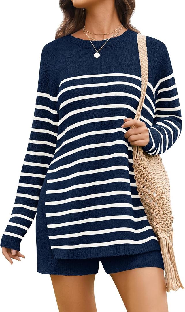 NENONA Women's Spring Summer Sweater Sets 2 Piece Beach Vacation Outfits Long Sleeve Casual Tops & Shorts Loungewear (Beige, XL)