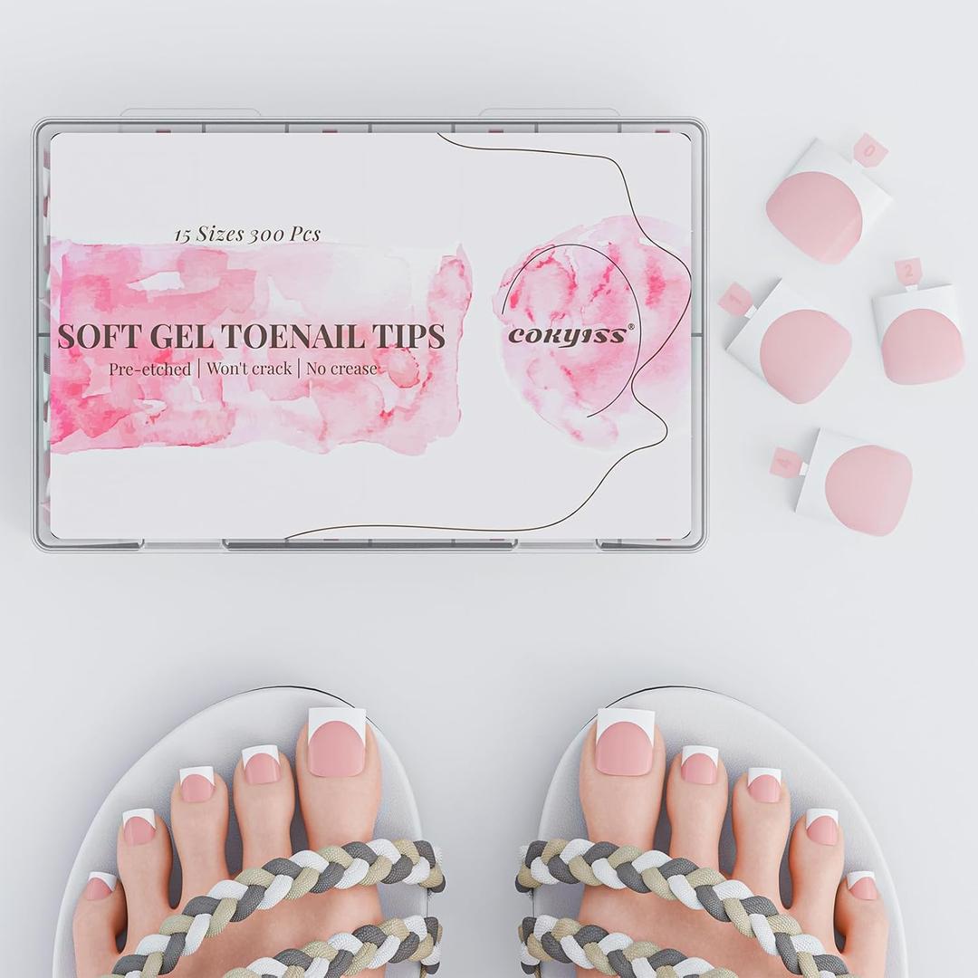 Toe Nail Tips, 300PCS Sharp Square Peach Pink Gel Nail x Tips French Tip Press On Nails for Women, Pre-applied Tip Primer & Base Coat Toenail Press Ons For DIY 15size