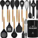 AIKKIL Silicone Cooking Kitchen Utensils Set, 16 Pcs Cooking Utensils Set with Holder, Heat Resistance, White Wooden Handle Silicone Kitchen Gadgets Utensil Set for Nonstick Cookware