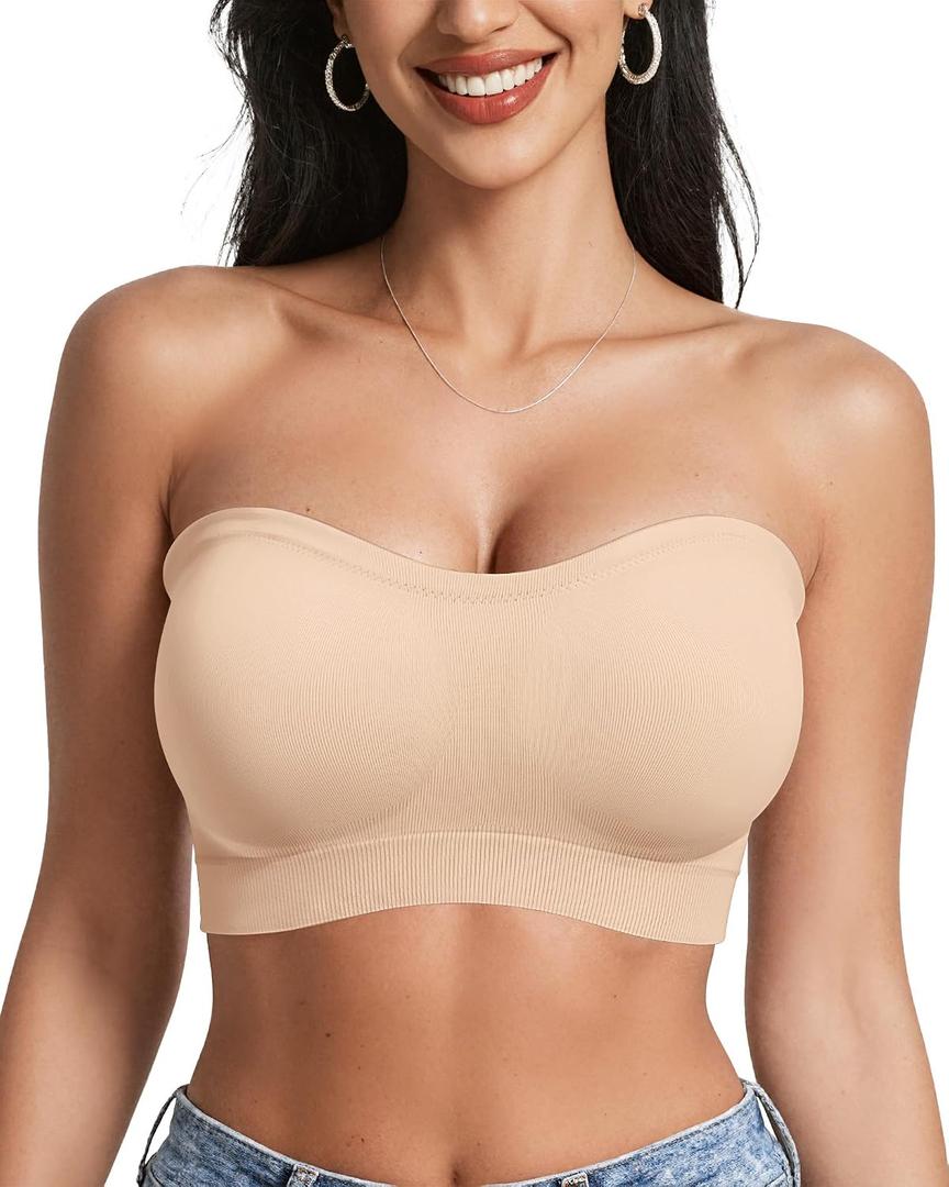 OEAK Supportive Strapless Bras for Women Push Up Wireless Bandeau Bra Non Slip Seamless Bras Comfortable Padded Bralette Beige S