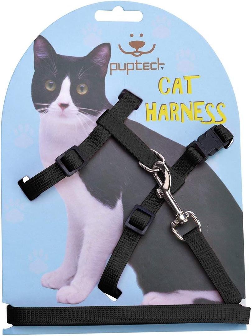 PUPTECK Adjustable Cat Harness and Leash Set Escape Proof Kitten Strap Collar for Walking Travel, Black, Medium