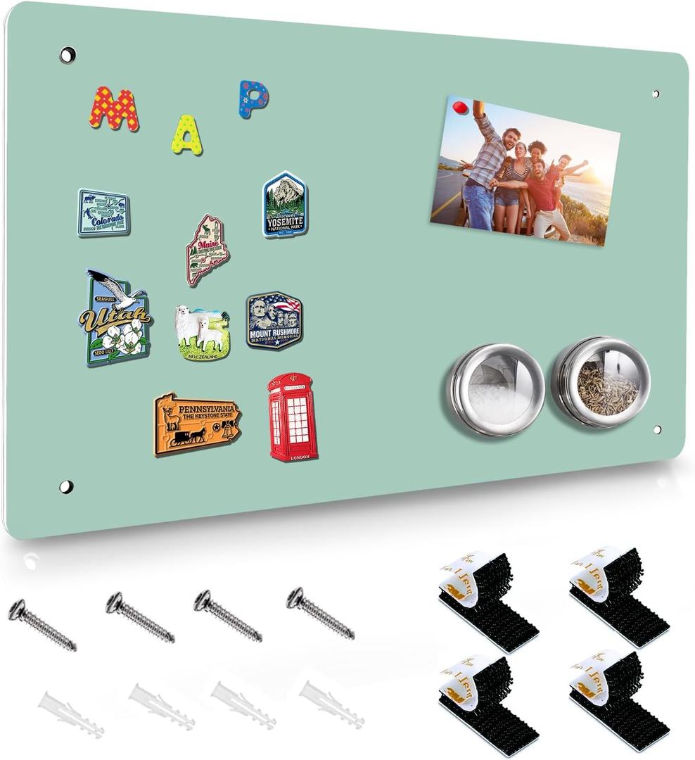 Green Magnetic Board,17.5" x 11.4" Magnet Bulletin Board to Display Magnetic Notes, Poetry, Photos, Suitable for Wall, Refrigerator, Cabinet etc, Come with 4 Pcs Dual Lock Tape and Screws