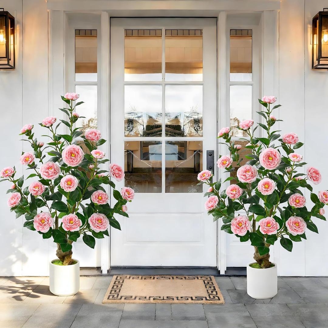 2 Pack 38" Artificial Camellia Tree, Artificial Plants Outdoor Faux Plants in Pot, Artificial Flower for Outdoors Front Porch Decor, Fake Tree Plant Faux Flowers for Indoor Outdoor Home Decor, Pink