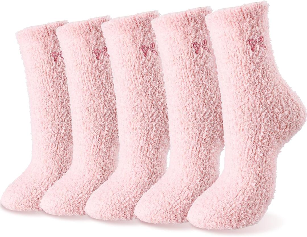 Shyyween 5 Pairs Women Bow Fuzzy Socks Fluffy Cozy Slipper Socks for Sleeping Coquette Bow Birthday Gifts