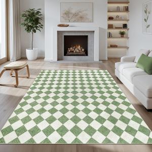 Washable Green Checkered Rug 5x7, Non-Slip Low Pile Area Rug for Living Room, Bedroom, Nursery, Modern Neutral Farmhouse Diamond Carpet, Pet & Kid Friendly