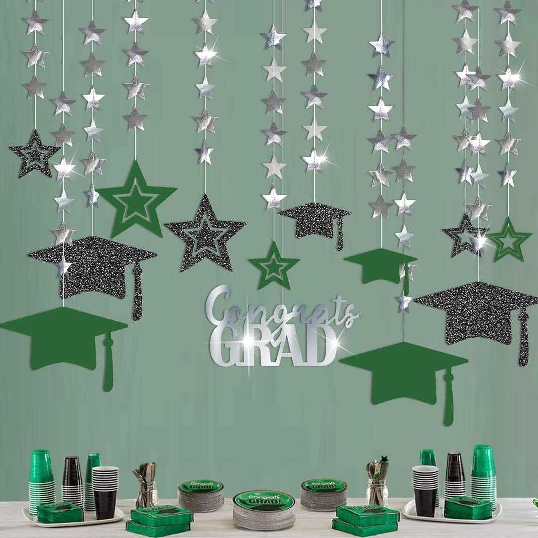 4 x Cheerland Graduation Party Decorations Green Grad Banner Cap Garland Kit Congrats Grad for Prom Backdrop Decoration Ceiling Decor High School College Kindergarten Classroom Home Class of 2026 Supplies