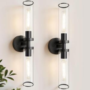 Black Wall Sconces, Set of 2, 22'' Modern Vanity Lights Fixture for Bathroom with Clear Glass, Wall Sconces Lighting, for Living Room/Bathroom Hallway Mirror/Bedroom (Bulbs Not Included)