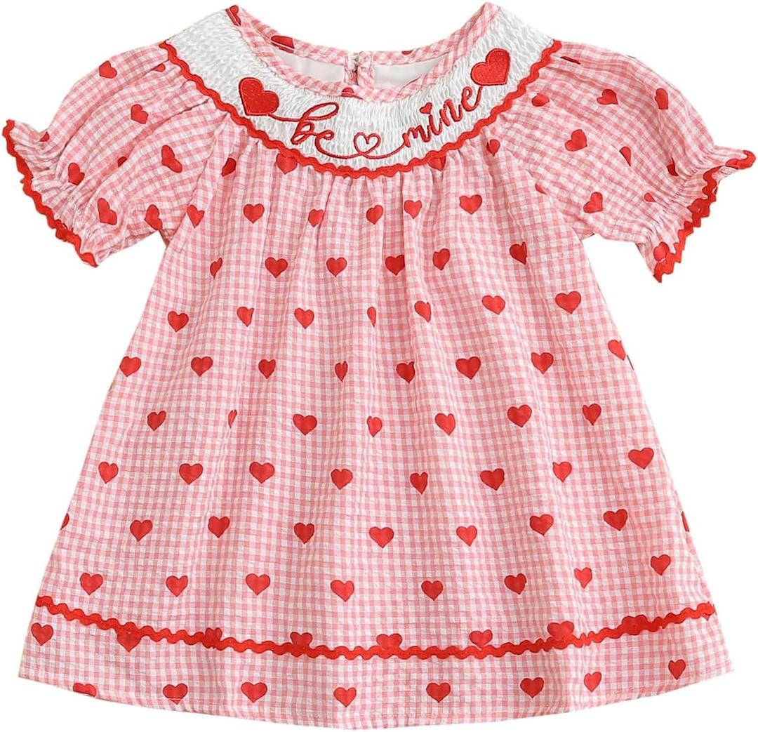 Toddler Girl Valentines Outfit Embroider Be Mine Red Checkered Heart Dress Baby Valentine's Day Dresses Clothes (12-18 Months)