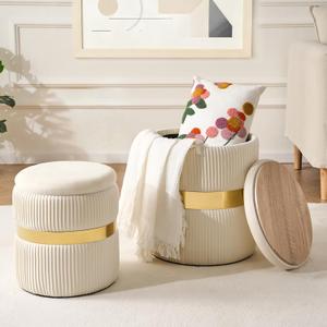 Round Ottoman with Storage Set of 2 Upholstered Velvet Vanity Stool for Living Room Storage Ottomans Multifunctional Foot Rest (White with Middle Gold), Small, Large