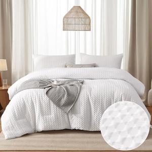 Yiran 3 Pieces Queen White Weave Comforter Set Waffle Seersucker Checkered Comforter with 2 Pillowcases Soft Microfiber Puckering Bedding Set 90"x90"