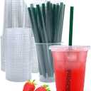 12 oz Clear Plastic Cups with Lids and Straws, Disposable Coffee Cups 25 Sets