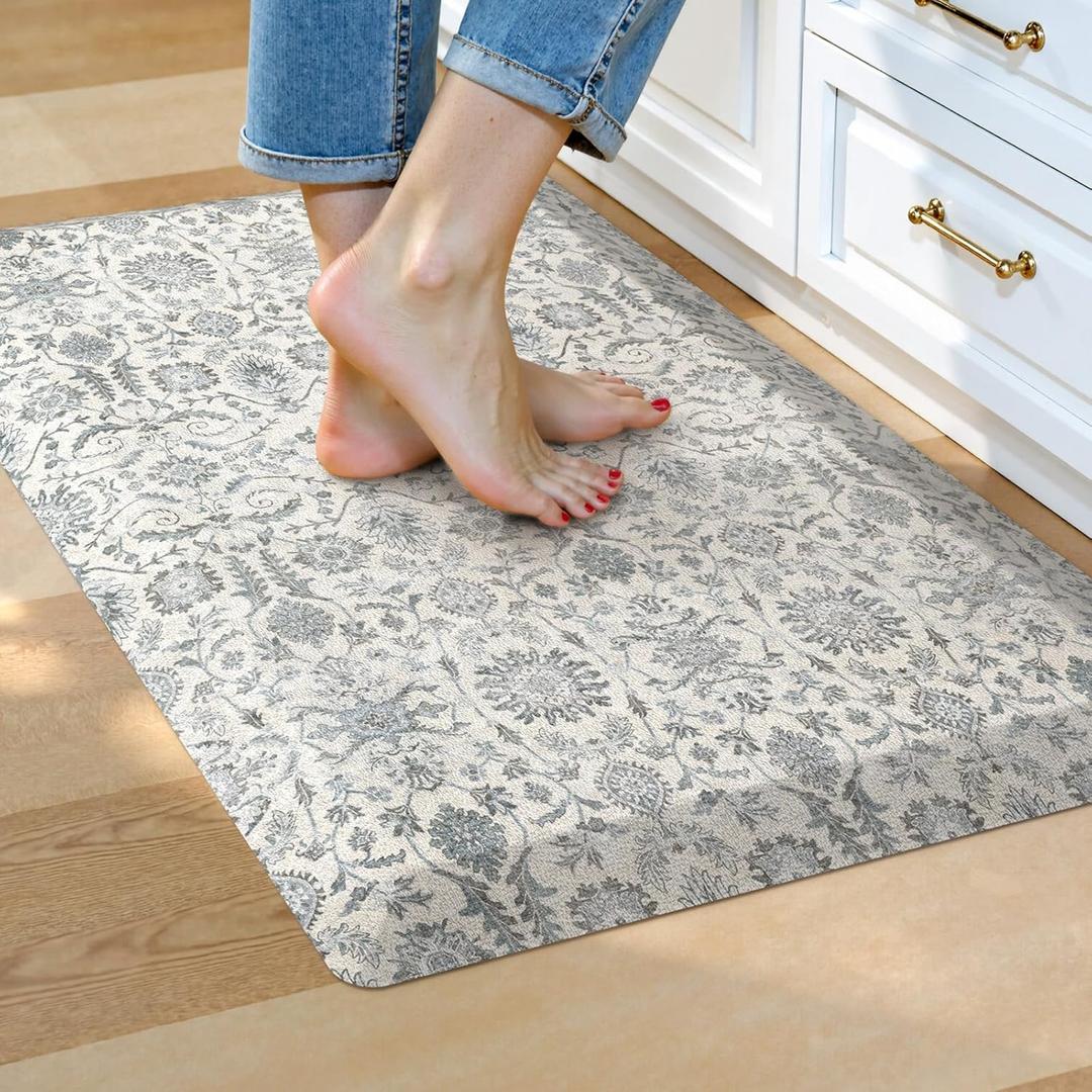 Collive Kitchen Mats Cushioned Anti Fatigue 17.3''x28'', Non Slip Waterproof Kitchens Sink Rug Vintage Boho Floral Rugs, Comfort Ergonomic Foam Standing Desk Mat for Floor, Home Office, Light Blue