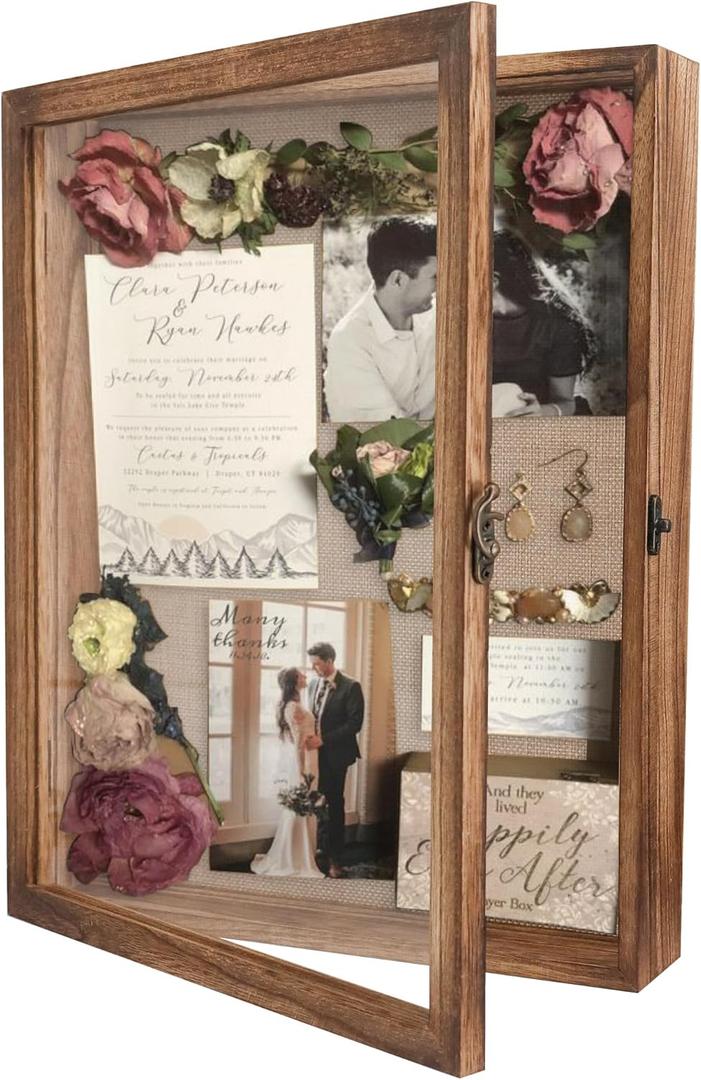 GraduatePro Shadow Box Frame 11x14 Display Case with Linen Back, Real Glass Window Door with Hinge, Picture Frame Wedding Bouquet Memorabilia Medals Photos Memory Box for Keepsakes, Carbonized Black