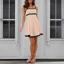 Senllen Womens Summer Flowy Mini Dress 2026 Casual Spaghetti Straps Sleeveless Smocked Backless Swing Wave Trim Sundress
, M
