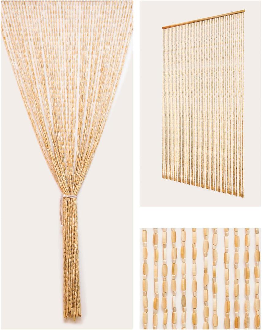 52 Strands Beaded Curtain for Doorways -35.4"x79"- Handmade Natural Beaded CurtainsBoho Doorway Wood and Bamboo Bead Curtain-As Insect Screen/Room Divider-Beige