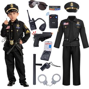 Spooktacular Creations 14PCS Halloween Police Costume for Kids, Police Officer Costume for Boys, Toddler RolePlay Party (Large(10-12yrs), Black)