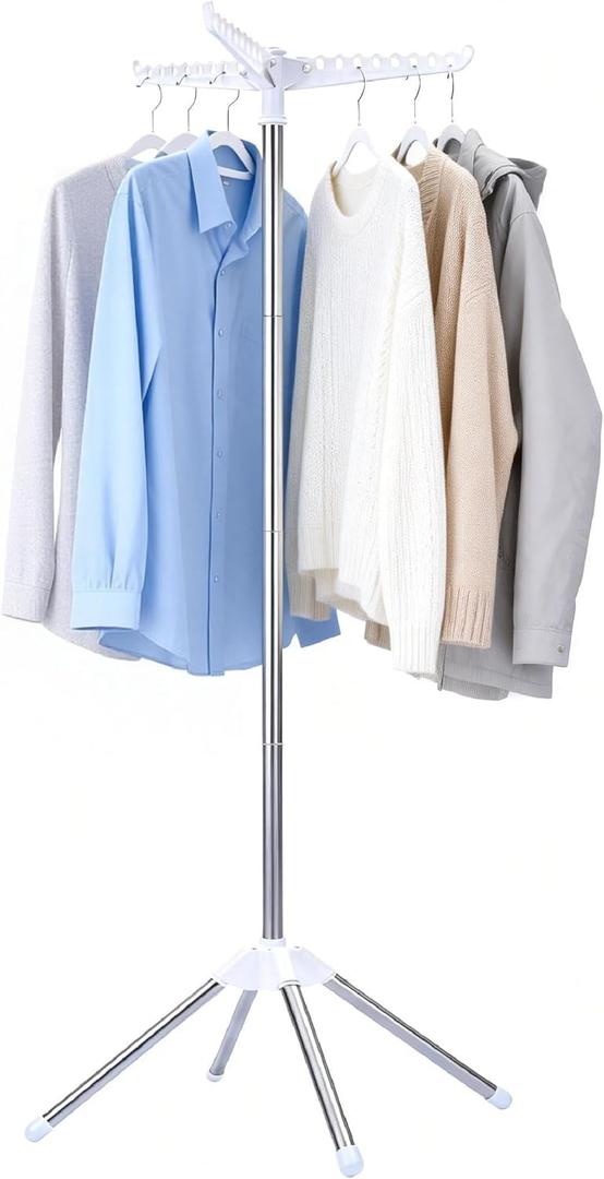 Beaudaily Clothes Drying Rack, Foldable Laundry Drying Rack, Indoor 59-Inch Drying Rack Clothing with 3 Rotatable Arms, Stainless Steel, Holds 27 Pieces, Space Saving, Portable, White and Silver (1-Tier)