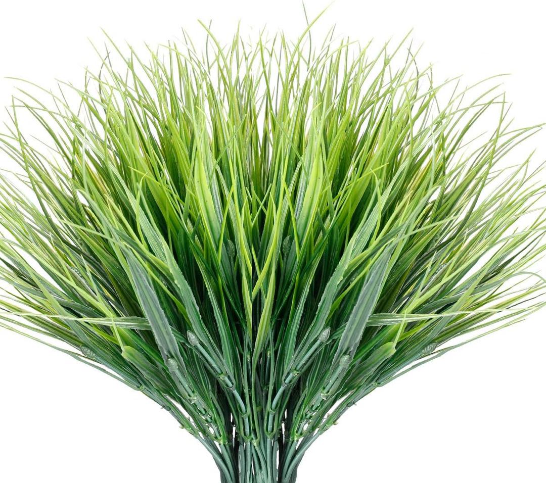 JEMONG 12 Bundles Artificial Grasses Outdoor UV Resistant Fake Grass No Fade Faux Plastic Plants Garden Window Box Decorating(Green Grass)