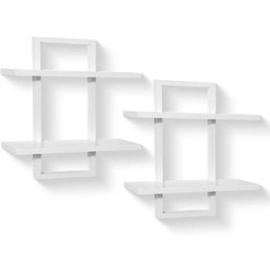 PHOENANCEE Floating Shelves for Wall,Display Hanging Shelf Set of 2,Modern Decorative Plants Shelves,Wood Home Decor Storage Chic for Living Room Bedroom Bathroom Office,Oak Frame,2-Tier,White