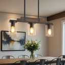 Farmhouse Wood Kitchen Island Lighting, 3-Light Adjustable Chandelier for Dining Room, Seeded Glass Shade Dining Room Light Fixture Over Table, Black Hanging Pendant Lights for Kitchen, Pool Table