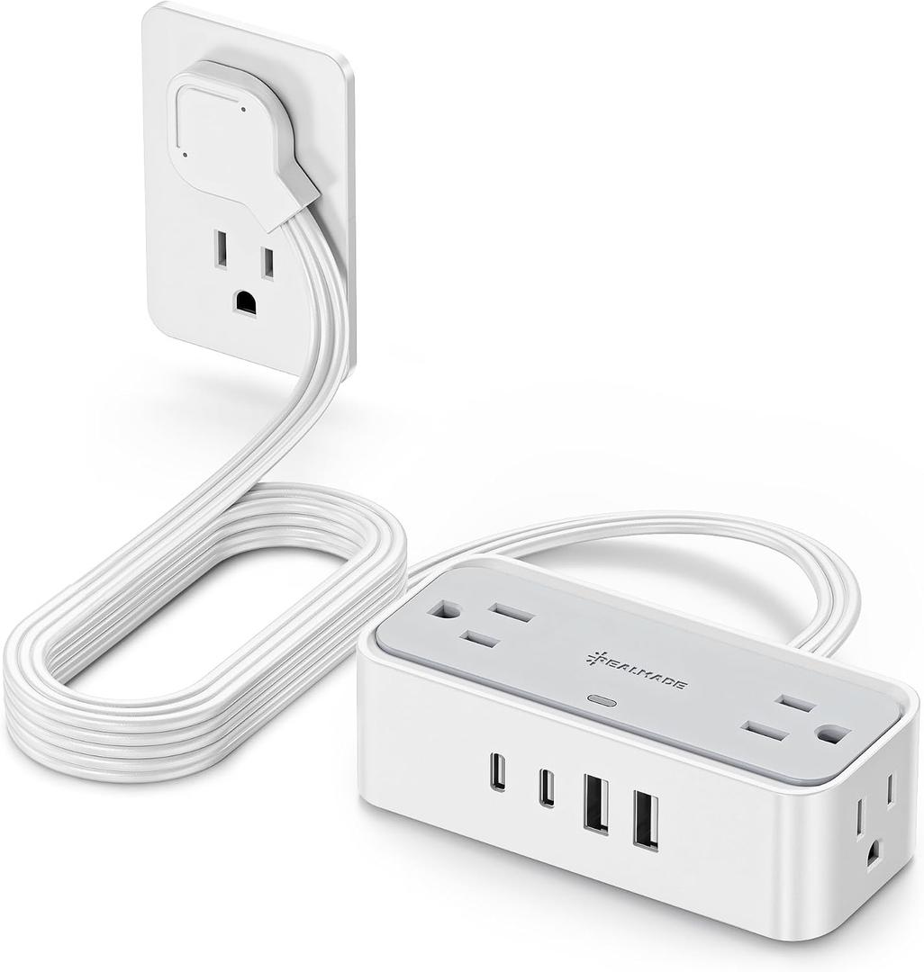 REALMADE 10 FT Flat Plug Extension Cord, 4 AC Outlets 4 USB Surge Protector Power Strip, 950 Joules Protection, Wall Mount Desk Charging for Home Office, White & Gray