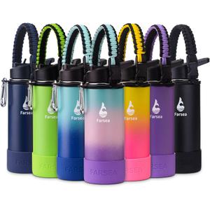 Farsea Insulated Water Bottle With Paracord Handle, Protective Boot and 2 Lids (Straw Lid & Spout Lid), Stainless Steel Water Bottle Wide Mouth, Double Wall Sweat-Proof BPA-Free, 18 oz (Ocean)