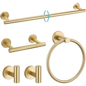 TURS Brushed Gold 5 Piece Bathroom Hardware Set, SUS304 Stainless Steel Bath Towel Bar Set, 24 Inch Round Bathroom Accessories Kit Wall Mounted